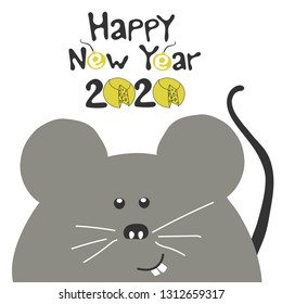 2020 chinese new year banner design. Tet - happy lunar new year. Winter holiday greeting card.  Cute cartoon smile metal rat. Spring season print with funny grey mouse on white background with cheese.