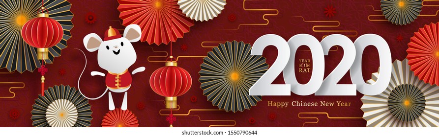 2020 Chinese New Year banner. Year of the rat zodiac sign. Red and golden festive design with cute rat, paper art fans and lanterns. Horizontal long background, vector illustration