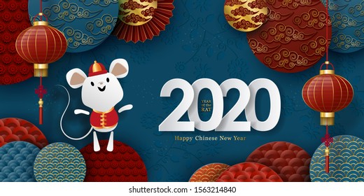 2020 Chinese New Year banner. Rat, 3d lanterns, shapes with floral pattern, traditional clouds in paper cut style. Golden, red, white and dark blue color. Festive vector background