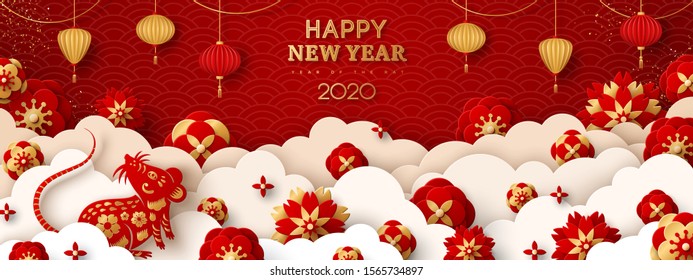 2020 Chinese New Year banner or party invitation background with clouds, rat and flowers in paper cut style. Vector illustration. Asian lanterns and confetti. Place for text