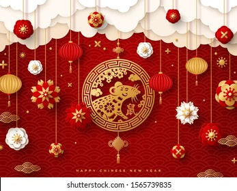 2020 Chinese New Year banner or party invitation background with clouds, emblem with Zodiac Rat and flowers in paper cut style. Vector illustration. Asian lanterns and confetti. Place for text.