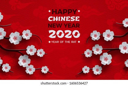 2020 chinese new year banner, poster design, red background, traditional sakura cherry flowers on tree branches, clouds, pattern oriental. Congratulation text, paper cut out style, vector