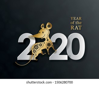 2020 Chinese New Year Design. Year of the rat in the eastern calendar. White numbers and golden symbol of the year. Modern date on black background. Vector illustration