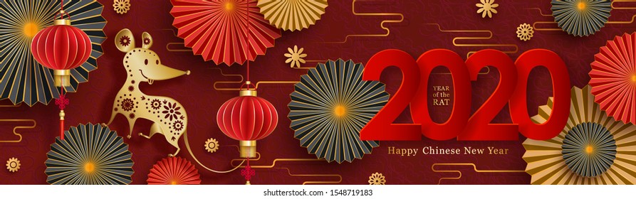 2020 Chinese New Year design. Year of the rat zodiac sign. Red and golden festive banner with paper art fans and lanterns. Horizontal long background, vector illustration