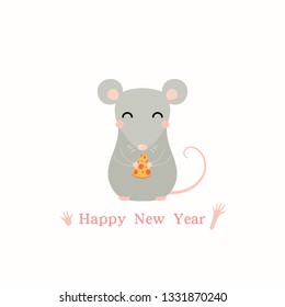 2020 Chinese New Year greeting card with cute rat holding a piece of cheese, text. Isolated objects on white background. Vector illustration. Design concept holiday banner, decorative element.