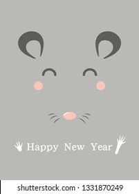 2020 Chinese New Year greeting card with cute rat face, text. Vector illustration. Flat style design. Concept for holiday banner, decorative element.