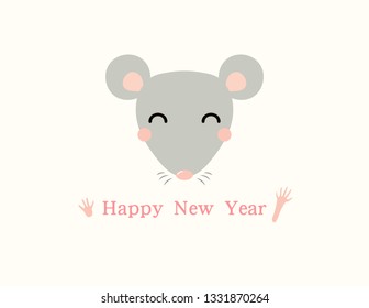 2020 Chinese New Year greeting card with cute rat face, text. Isolated objects on white background. Vector illustration. Flat style design. Concept holiday banner, decorative element.