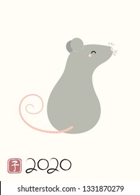 2020 Chinese New Year Greeting Card With Cute Rat, Numbers, Red Stamp With Japanese Kanji For Rat. Isolated Objects On White. Vector Illustration. Design Concept Holiday Banner, Decorative Element.