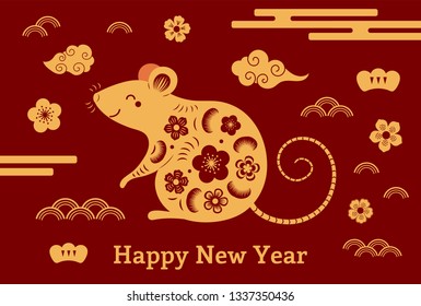 2020 Chinese New Year greeting card with rat silhouette, clouds, flowers, gold on red. Vector illustration. Flat style design. Concept for holiday banner, decor element.