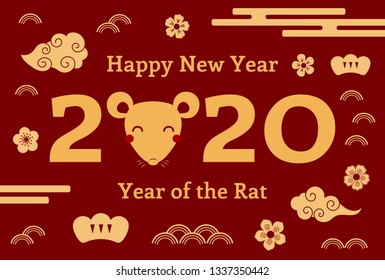 2020 Chinese New Year greeting card with rat face, clouds, flowers, numbers, gold on red. Vector illustration. Flat style design. Concept for holiday banner, decor element.