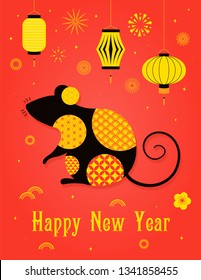 2020 Chinese New Year greeting card with rat silhouette, fireworks, lanterns, flowers, text. Isolated objects. Vector illustration. Flat style design. Concept for holiday banner, decor element.