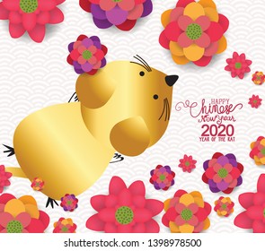 2020 Chinese New Year Greeting Card, Paper cut with Yellow rat and Sakura Flowers on Light Background