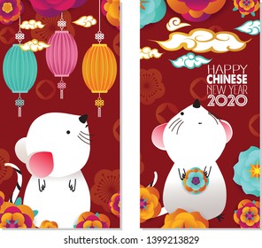 2020 Chinese New Year Greeting Card, two sides poster, flyer or invitation design with Paper cut Sakura Flowers and rat