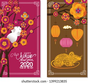 2020 Chinese New Year Greeting Card, two sides poster, flyer or invitation design with Paper cut Sakura Flowers and rat