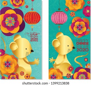 2020 Chinese New Year Greeting Card, two sides poster, flyer or invitation design with Paper cut Sakura Flowers and rat