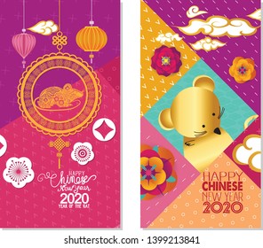2020 Chinese New Year Greeting Card, two sides poster, flyer or invitation design with Paper cut Sakura Flowers and rat