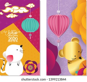 2020 Chinese New Year Greeting Card, two sides poster, flyer or invitation design with Paper cut Sakura Flowers and rat