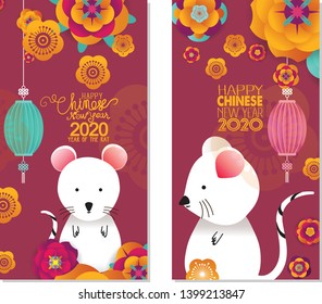2020 Chinese New Year Greeting Card, two sides poster, flyer or invitation design with Paper cut Sakura Flowers and rat
