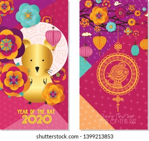 2020 Chinese New Year Greeting Card, two sides poster, flyer or invitation design with Paper cut Sakura Flowers and rat