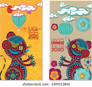 2020 Chinese New Year Greeting Card, two sides poster, flyer or invitation design with Paper cut Sakura Flowers and rat