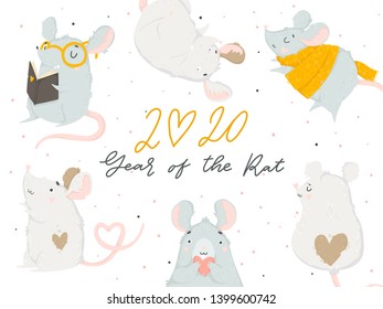 2020 Chinese New Year greeting card with cute hand drawn rat and lettering isolated on white. Vector illustration. Concept for holiday banner, decor element. Year of the rat