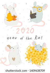 2020 Chinese New Year greeting card with cute hand drawn rat and lettering isolated on white. Vector illustration. Concept for holiday banner, decor element. Year of the rat