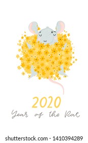 2020 Chinese New Year greeting card with cute hand drawn rat and lettering isolated on white. Vector illustration. Concept for holiday banner, decor element. Year of the rat