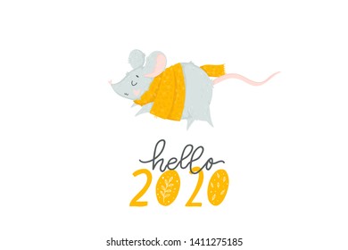 2020 Chinese New Year greeting card with cute hand drawn rat and lettering isolated on white. Vector illustration. Concept for holiday banner, decor element. Year of the rat