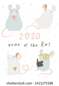 2020 Chinese New Year greeting card with cute hand drawn rat and lettering isolated on white. Vector illustration. Concept for holiday banner, decor element. Year of the rat