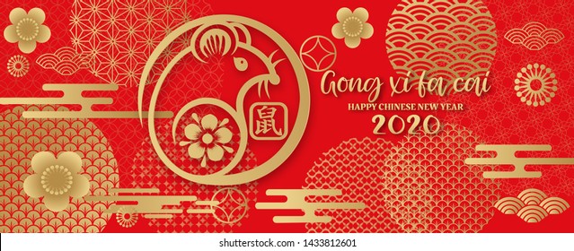 2020 Chinese New Year greeting card. year of the rat. Golden and red ornament. Flat style design. Concept for holiday banner template, decor element. - translation: rat. 