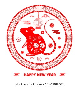 2020 Chinese New Year greeting round card with red rat silhouette, clouds, lantern, flowers on white background. Symbol of mouse flat design vector, plate, dish pattern for flyer, poster, web, app.