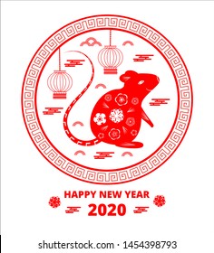 2020 Chinese New Year greeting round card with red rat silhouette, clouds, lantern, flowers on white background. Symbol of mouse flat design vector, plate, dish pattern for flyer, poster, web, app.
