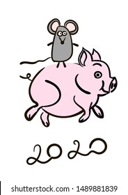 2020 Chinese New Year greeting card. Hand drawn mouse. Zodiac sign Rat in Happy New Year. Cute Animal cartoon character. Mouse animal, rat rodent vector illustration. Grey  little mice symbol 2020