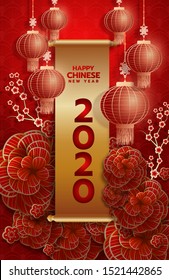 2020 Chinese New Year greeting card Zodiac sign with paper cut. Year of the rat. Golden and red ornament.Concept for holiday banner template, decor element.