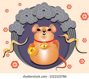 2020 Chinese New Year greeting card template with rat in paper cut style. Lucky rat holding a gold coin, vector illustration