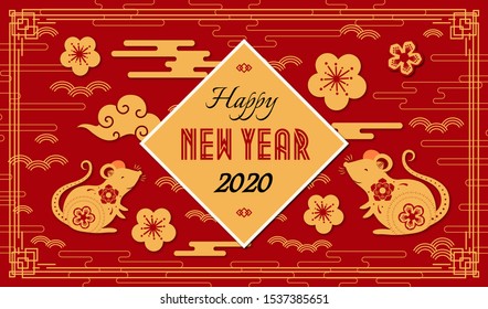 2020 Chinese New Year greeting banner concept with rat silhouette, clouds, flowers gold style on red background for holiday banner, poster, flyer, decor element. Paper Flat style design. Vector 10 eps