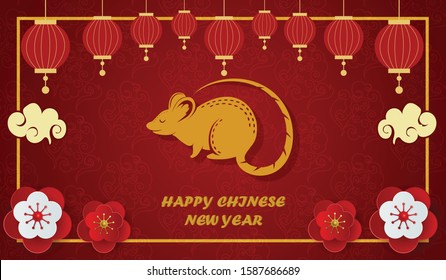 2020 Chinese New Year greeting card with rat silhouette, clouds, flowers, gold on red.