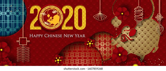 2020 Chinese New Year Greeting Card. Year of the Rat. Chinese New-Year. Paper cut with Rat and Flowers. gong xi fa cai 2020. Hieroglyph - Zodiac Sign Rat. Place for your Text.
