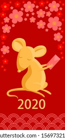 2020 Chinese New Year mouse or rat symbol. Cute golden cartoon mouse with a traditional red envelope on a red background with cherry flowers. Vertical banner, postcard or envelope.