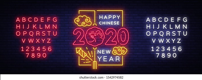 2020 Chinese New Year Neon Vector, greeting card with neon elements. Zodiac sign for flyer, invitation, posters, brochure, banners. Holidays Vector Illustration. Editing text neon sign.