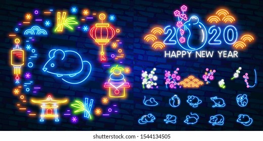 2020 Chinese New Year neon sign, bright signboard, light banner. Chinese logo neon, emblem. 2020 Chinese. Vector illustration