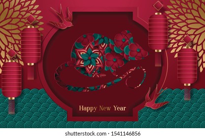 2020 Chinese New Year Paper Cutting Year of rat Vector Design for your greetings card, flyers, invitation, posters, brochure, banners, calendar. Translation : Happy New Year. Vector illustration