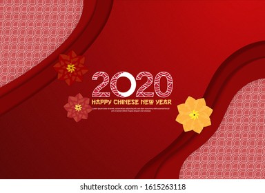 2020 Chinese new year poster. Chinese New year festive card decorated with flowers in red pattern background