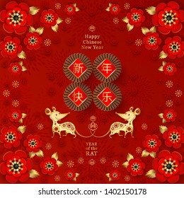 2020 Chinese New Year Rat zodiac sign. Red and gold festive background with rat, peony flowers, hieroglyph. Banner, greeting card, invitation design in paper art. Chinese translation: Happy New Year