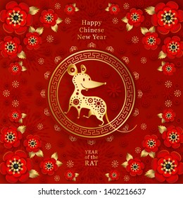 2020 Chinese New Year, Rat zodiac sign. Red and gold festive background with rat, peony flowers, hieroglyph. Banner, greeting card, invitation design, paper art. Chinese translate: Happy New Year