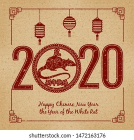 2020 Chinese New Year, Year of Rat Design (Chinese Translation: Happy New year; rat) Stamp on old paper.