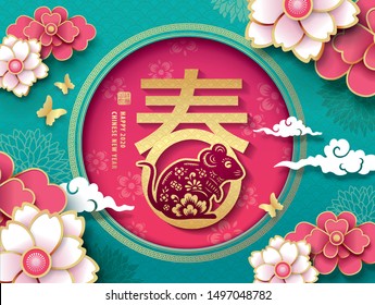 2020 Chinese New Year, Year of Rat Vector Design. Chinese Translation: Spring