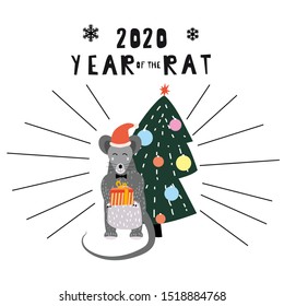 2020 Chinese New Year of the Rat zodiac cute character greeting card template Scandinavian style. Vector illustration