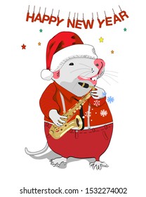 2020 Chinese New Year of the Rat. Dedicated to the year of the mouse. Funny mouse playing the saxophone. For design and cards.