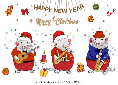 2020 Chinese New Year of the Rat. Dedicated to the year of the mouse. Funny mice play musical instruments. For design and cards.